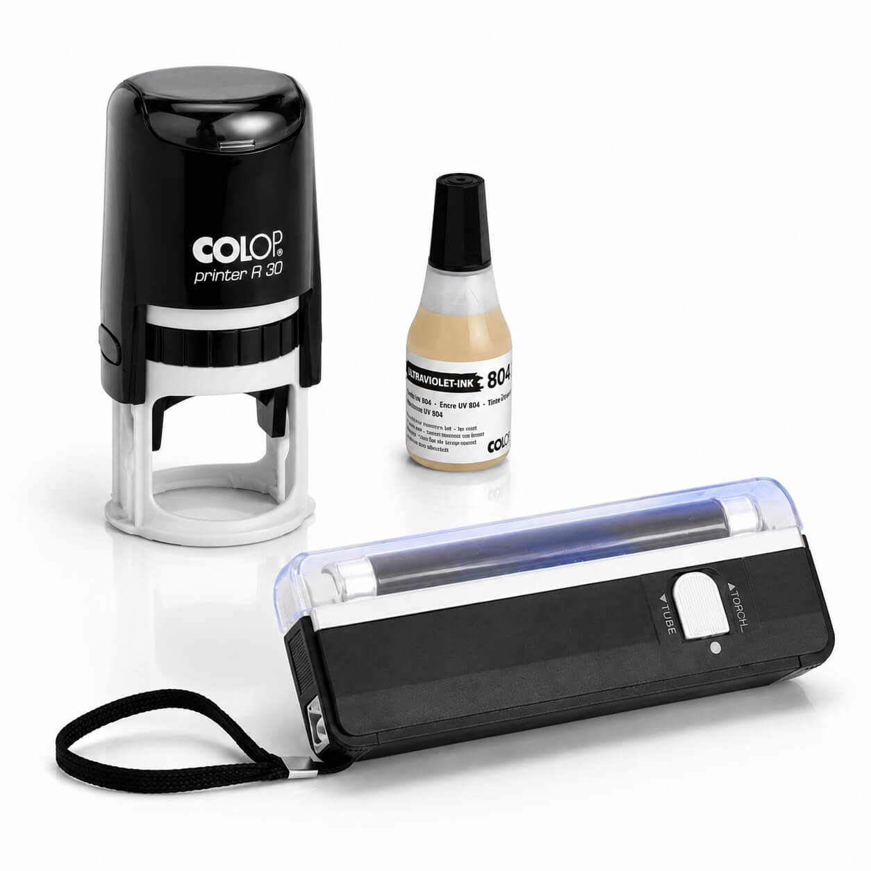 Kit timbri discoteca con timbro UV personalizzato, lampada ultravioletta e ricarica inchiostro UV